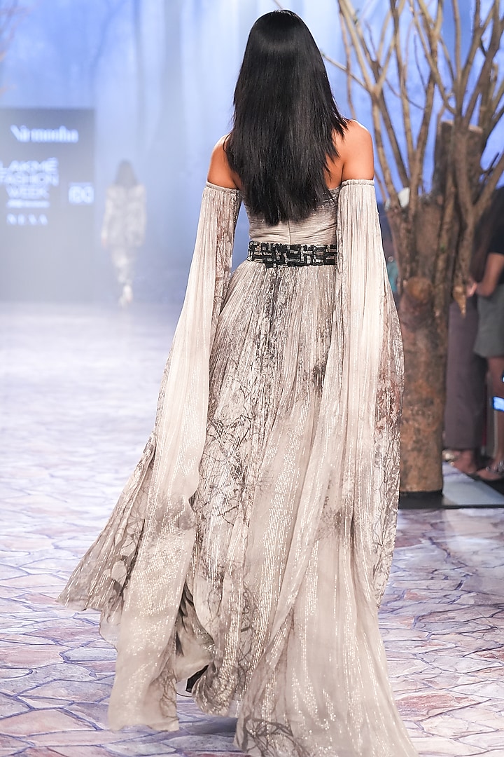 Grey Lurex Printed Off-Shoulder Engagement Gown With Embroidered Belt by Nirmooha at Pernia's Pop Up Shop