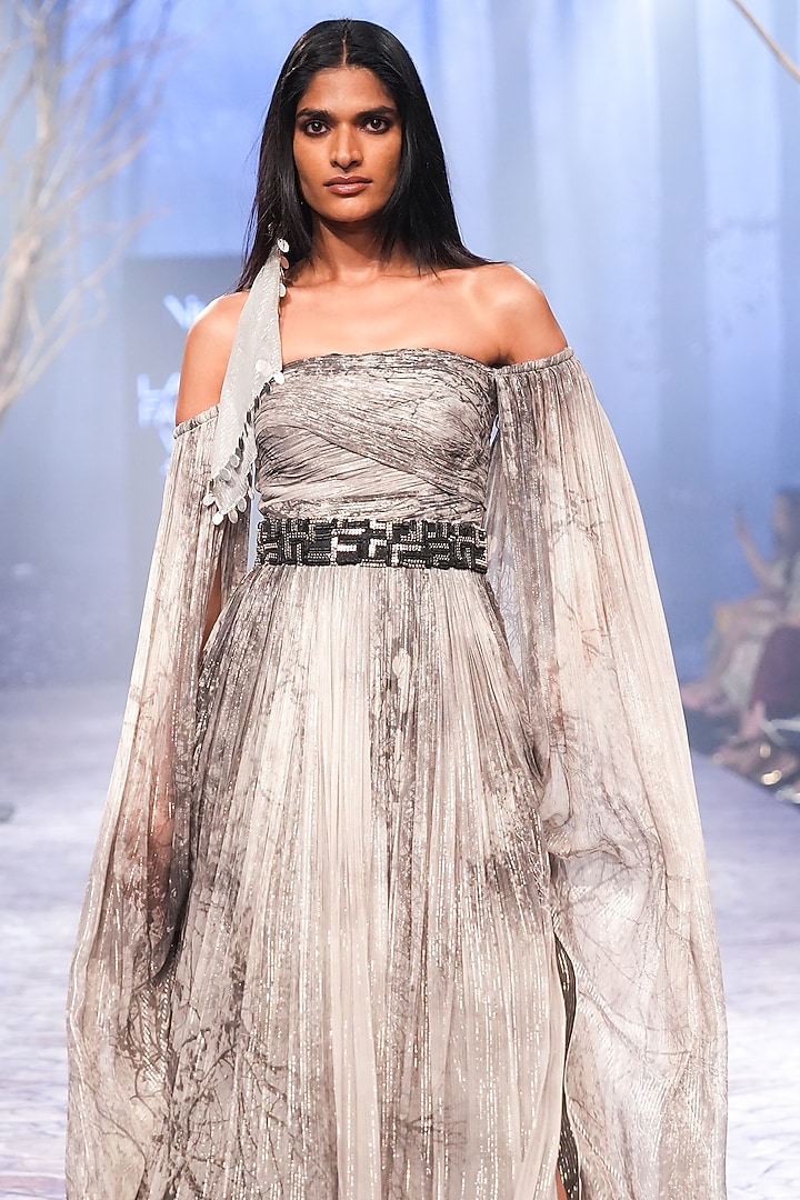 Grey Lurex Printed Off-Shoulder Engagement Gown With Embroidered Belt by Nirmooha at Pernia's Pop Up Shop
