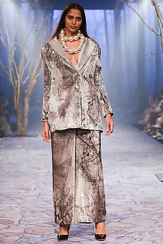 Grey Velvet Digital Printed Oversized Blazer Set by Nirmooha