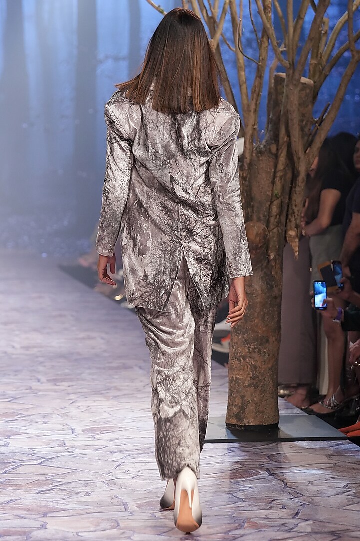 Grey Velvet Digital Printed Oversized Blazer Set by Nirmooha at Pernia's Pop Up Shop