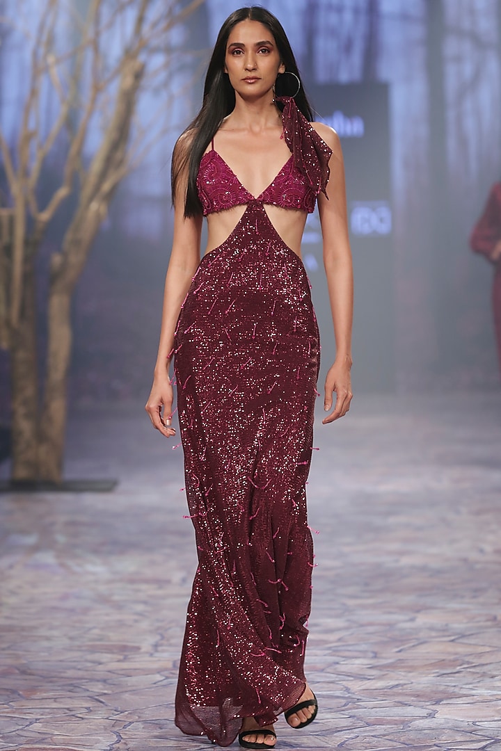 Maroon Crepe & Sequins Embroidered Gown by Nirmooha