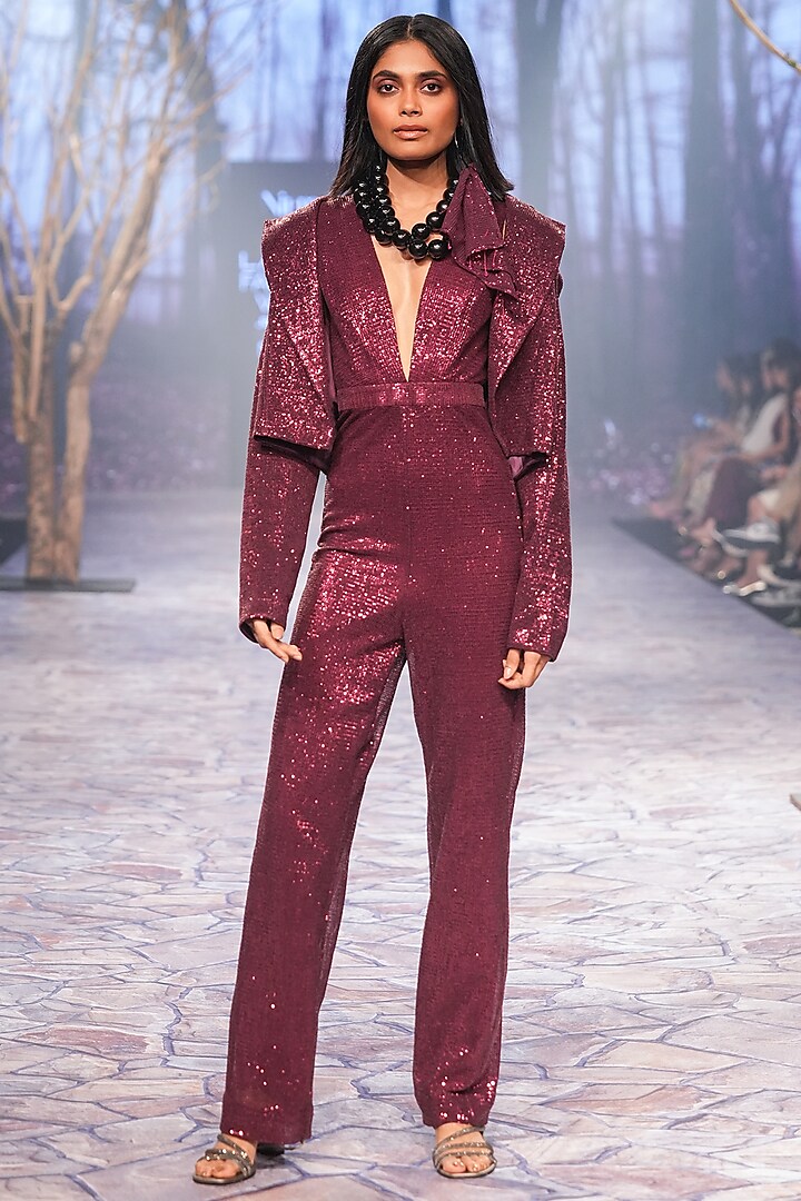 Maroon Sequins Embroidered Jumpsuit by Nirmooha