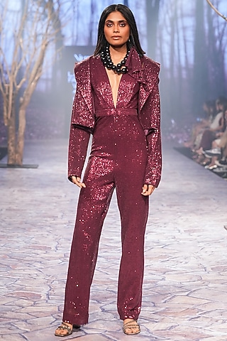 Ruby Sequins Embroidered Jumpsuit With Cropped Blazer by Nirmooha