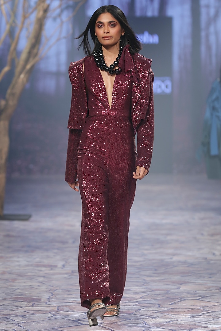 Ruby Sequins Embroidered Jumpsuit With Cropped Blazer by Nirmooha at Pernia's Pop Up Shop