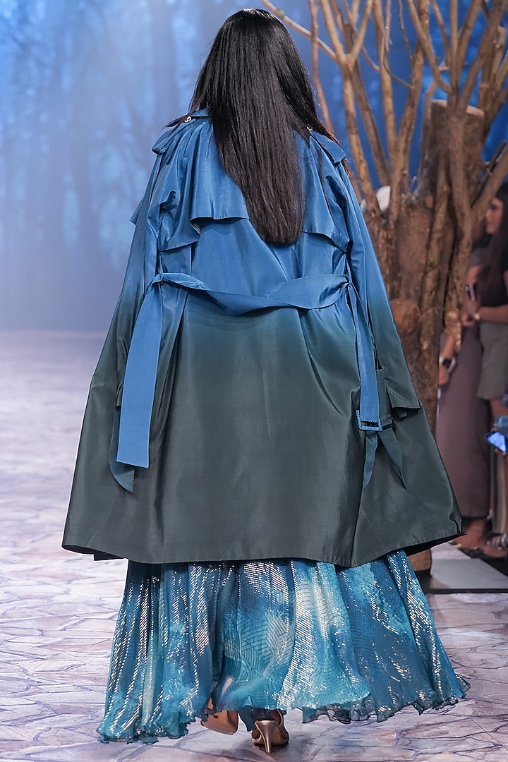 Blue Ombre Crepe Trench Coat by Nirmooha at Pernia's Pop Up Shop