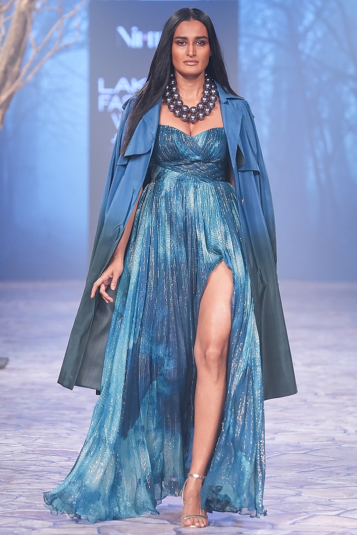 Blue Lurex Digital Printed Gown by Nirmooha at Pernia's Pop Up Shop