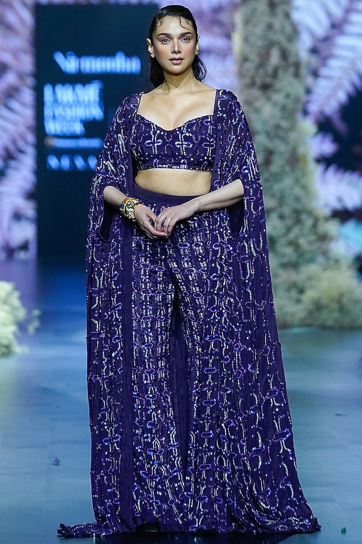 Deep Plum Crepe Hand Embroidered Bustier by Nirmooha at Pernia's Pop Up Shop
