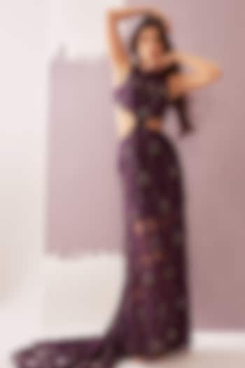 Deep Plum Chantilly Lace Cut-Out Hand Embroidered Gown by Nirmooha