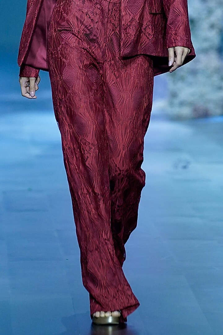 Intense Rust Chantilly Lace Straight Pants by Nirmooha at Pernia's Pop Up Shop