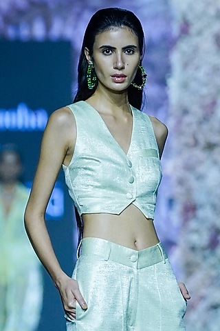 Cool Matcha Shimmer Georgette Crop Vest by Nirmooha