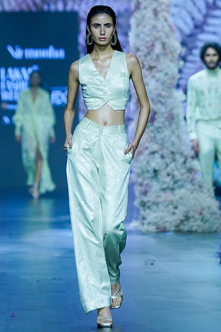 Cool Matcha Shimmer Georgette Crop Vest by Nirmooha at Pernia's Pop Up Shop