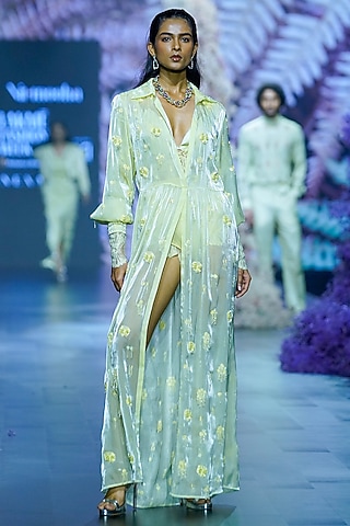Cool Matcha Glass Organza Hand Embroidered Tunic by Nirmooha