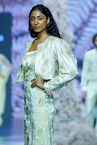 Cool Matcha Shimmer Georgette Crop Jacket by Nirmooha