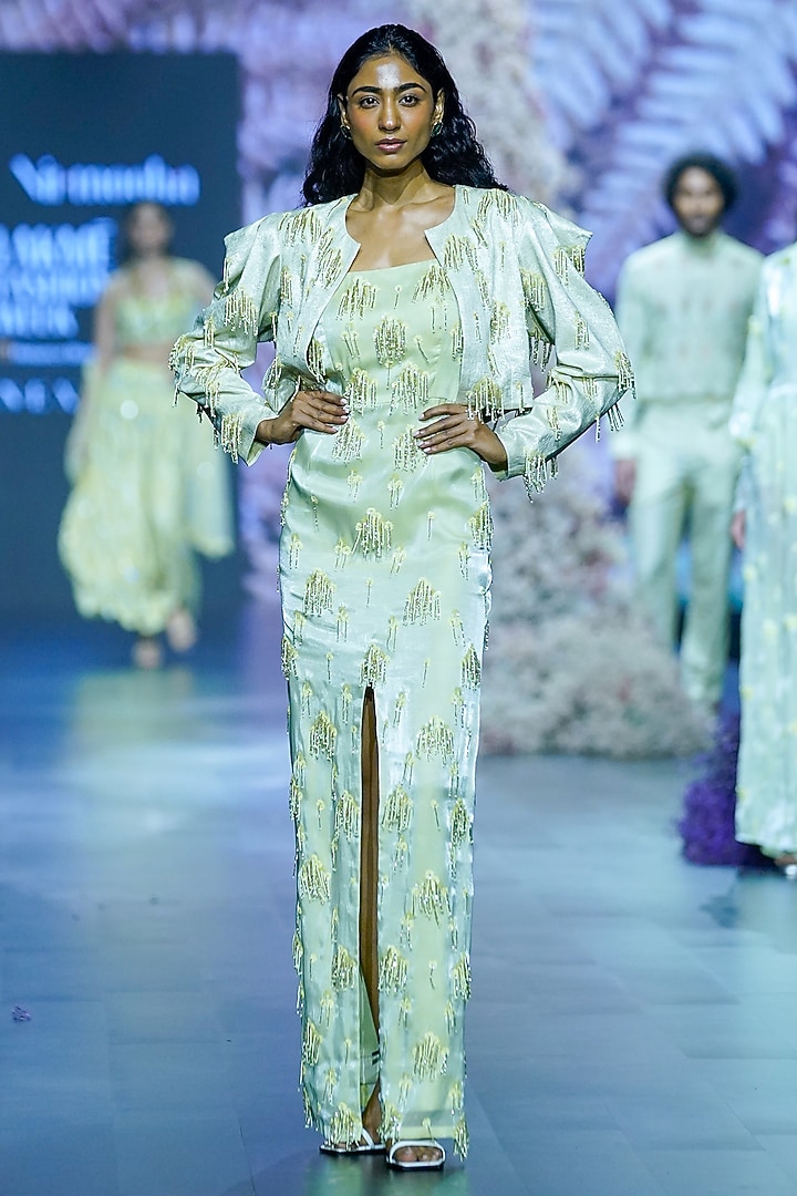 Cool Matcha Shimmer Georgette Crop Jacket by Nirmooha at Pernia's Pop Up Shop