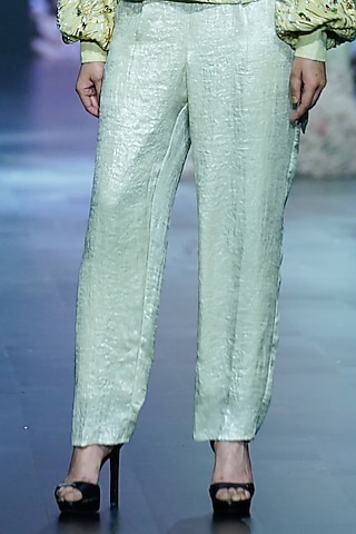 Cool Matcha Shimmer Georgette Cigarette Pants by Nirmooha