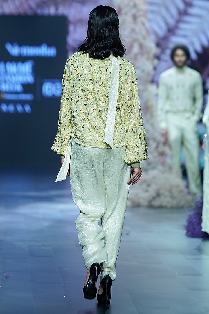 Cool Matcha Shimmer Georgette Cigarette Pants by Nirmooha at Pernia's Pop Up Shop
