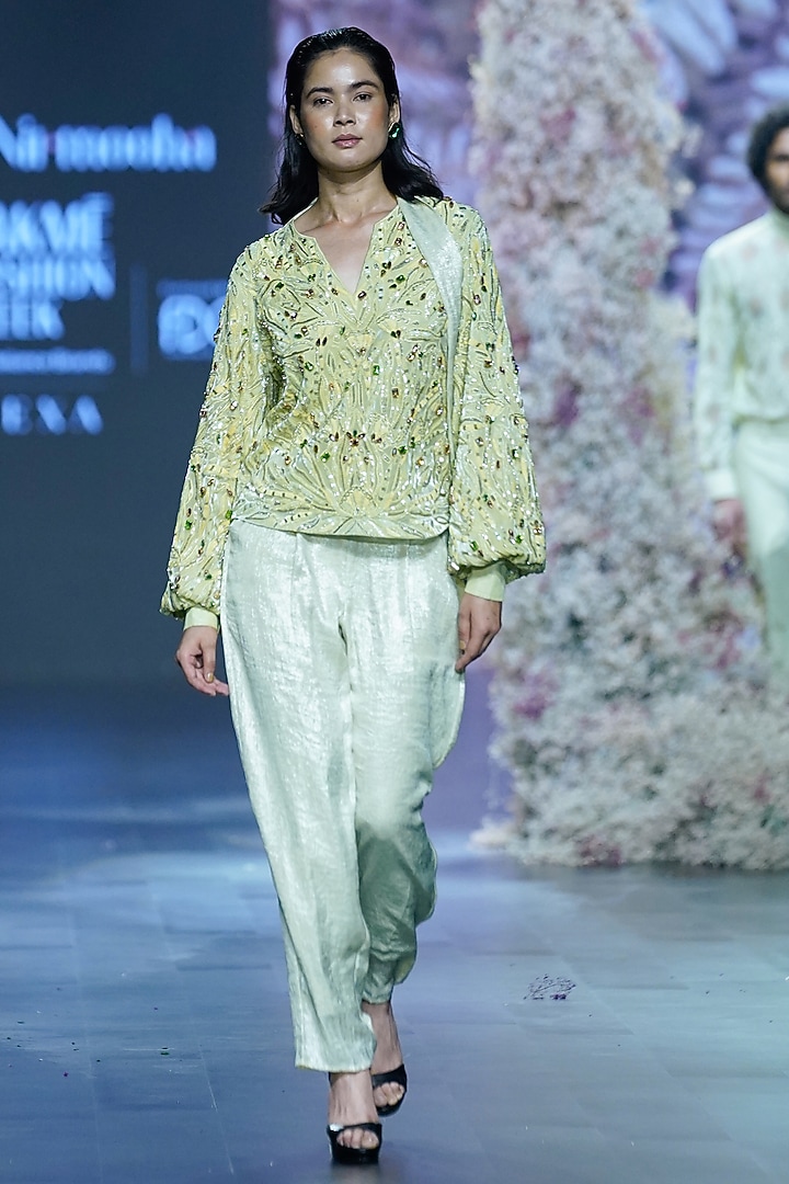 Cool Matcha Shimmer Georgette Cigarette Pants by Nirmooha at Pernia's Pop Up Shop