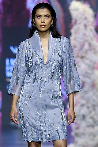 Glass Grey Organza Embroidered Dress by Nirmooha