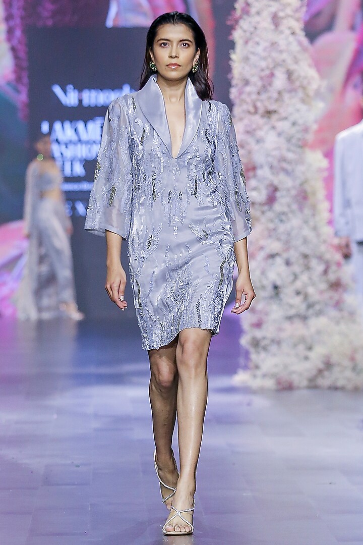 Glass Grey Organza Embroidered Party Wear Dress by Nirmooha at Pernia's Pop Up Shop