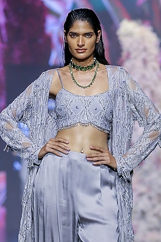 Glass Grey Butter Crepe Embroidered Blouse by Nirmooha