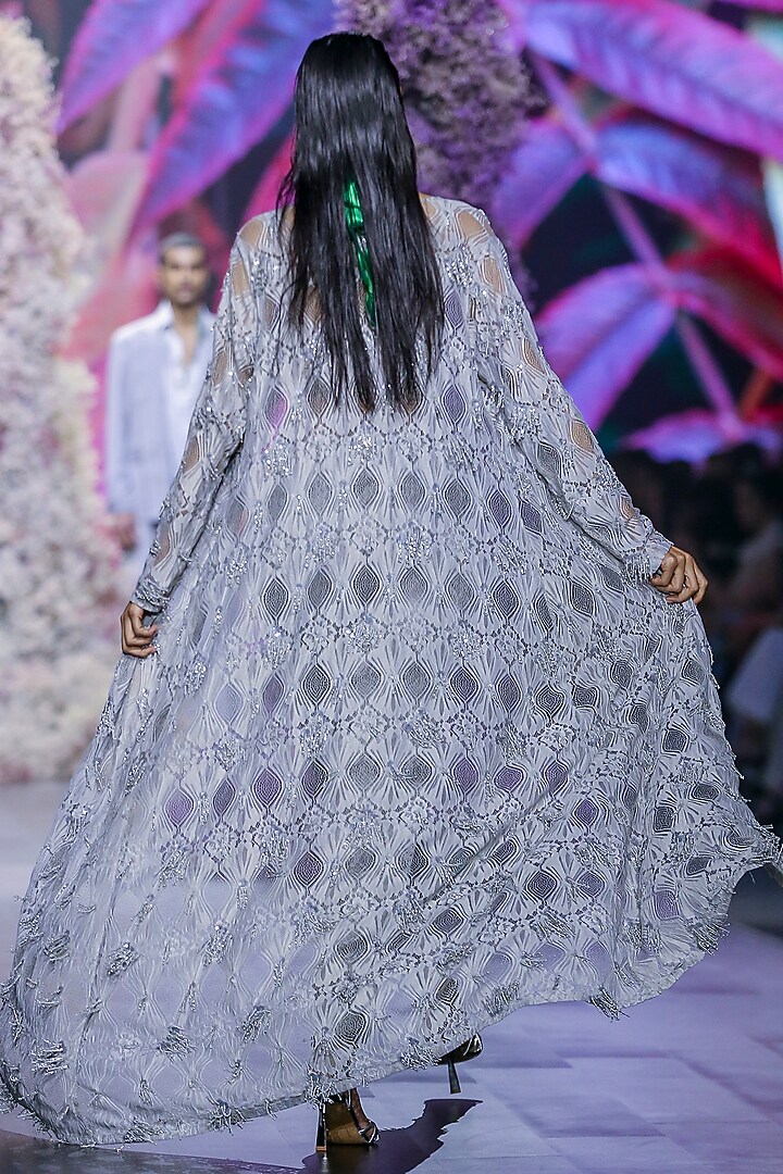 Glass Grey Chantilly Lace Embroidered Cape by Nirmooha at Pernia's