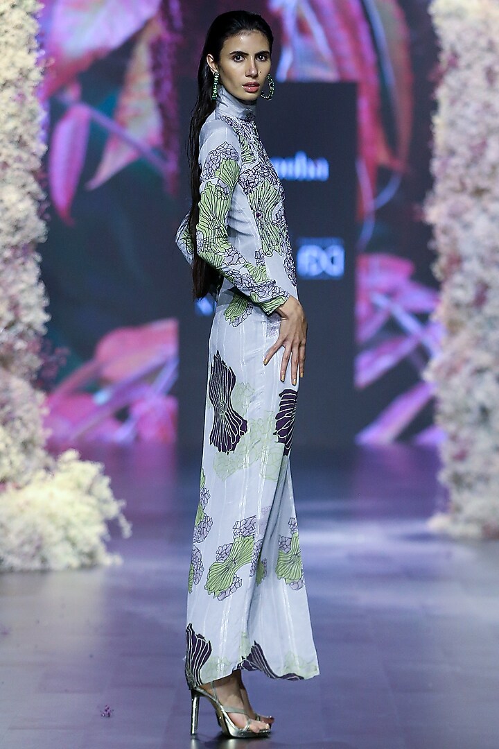 Glass Grey Lurex Chiffon Printed & Embroidered Vacation Dress by Nirmooha at Pernia's Pop Up Shop