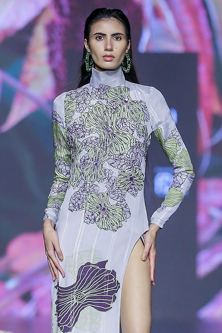 Glass Grey Lurex Chiffon Printed & Embroidered Vacation Dress by Nirmooha at Pernia's Pop Up Shop