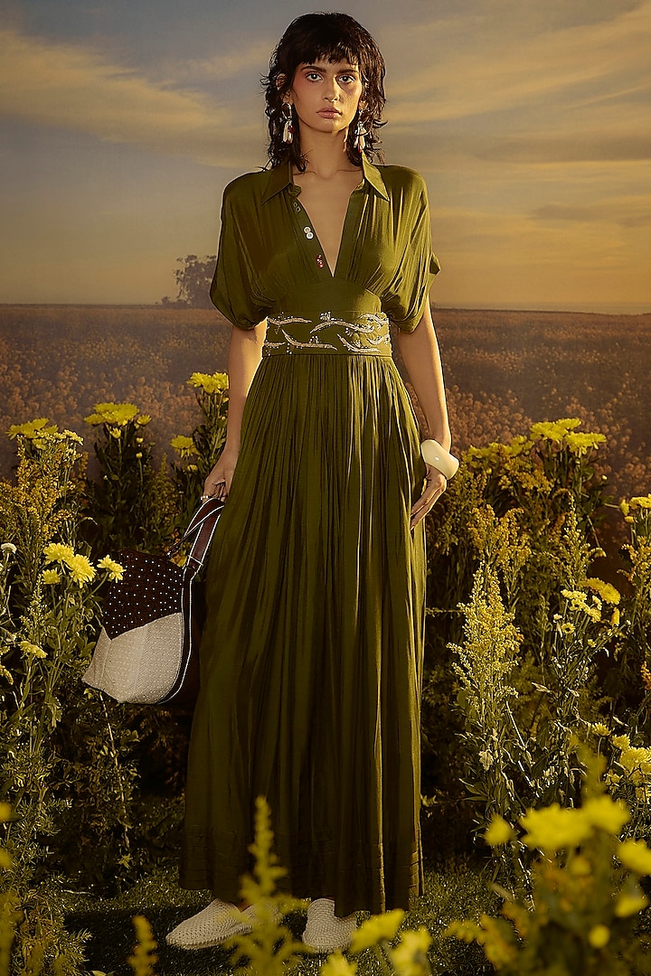 Military Green Mul Silk Dress With Embroidered Belt by Nirmooha at Pernia's Pop Up Shop