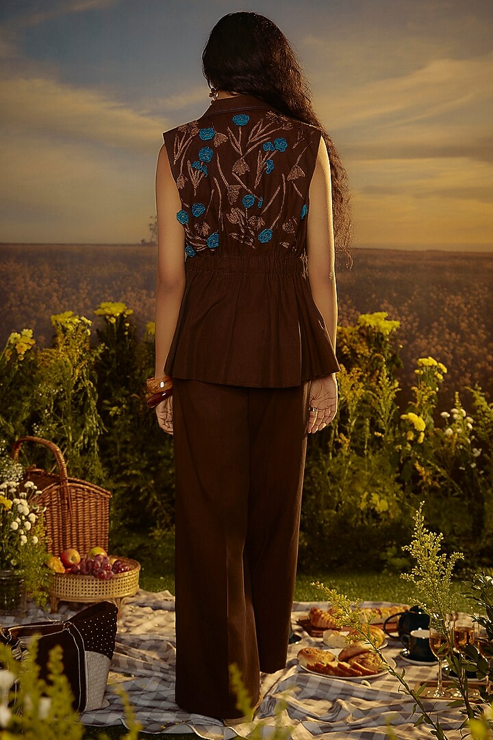Brown Denim 3D Embroidered Jacket by Nirmooha at Pernia's Pop Up Shop