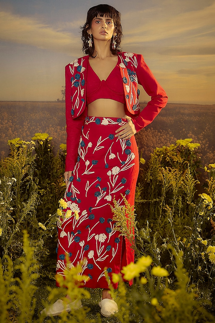 Red Jute Cotton Floral Embroidered Skirt Set by Nirmooha at Pernia's Pop Up Shop