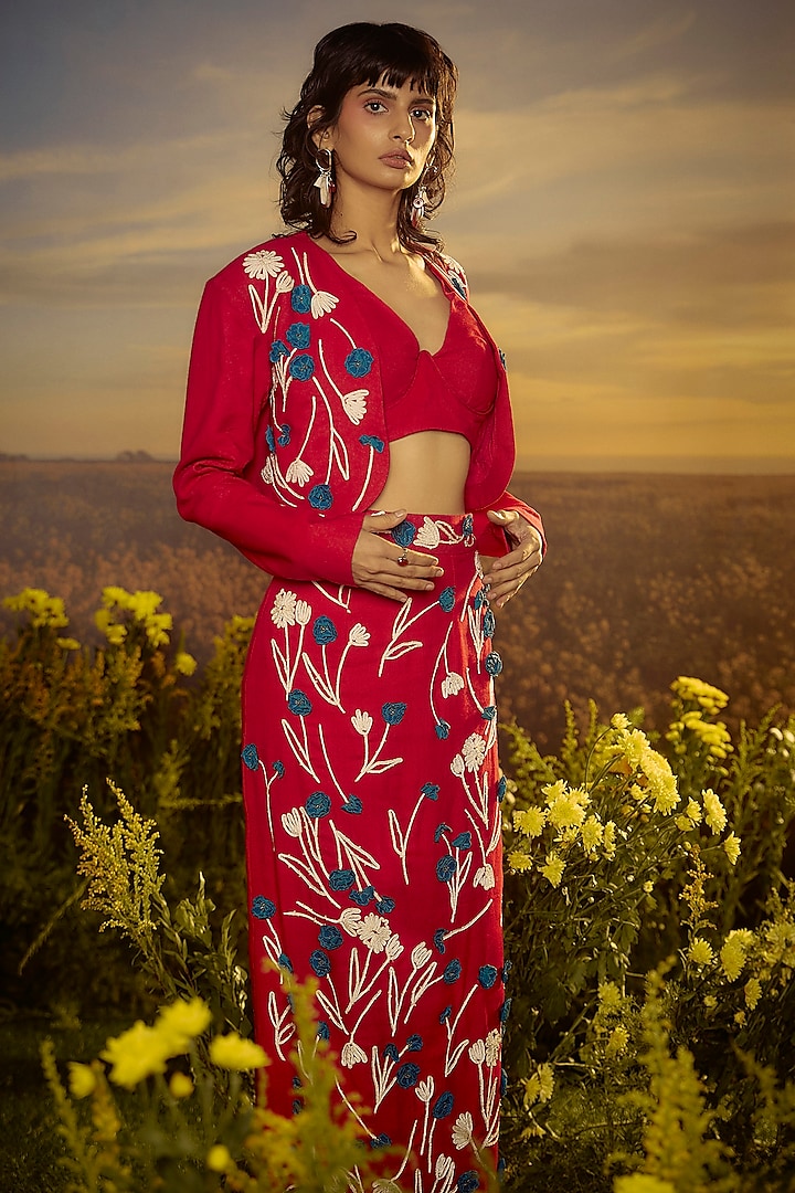 Red Jute Cotton Floral Embroidered Jacket by Nirmooha at Pernia's Pop Up Shop