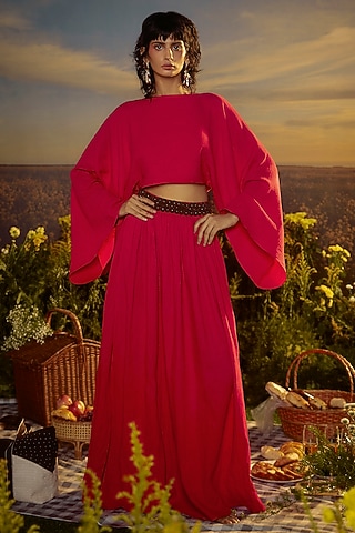Red Textured Cotton Slit Skirt Set by Nirmooha