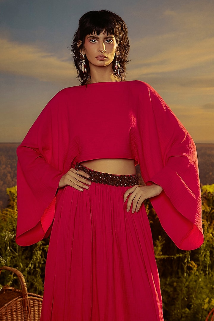 Red Textured Cotton Slit Skirt Set by Nirmooha at Pernia's Pop Up Shop