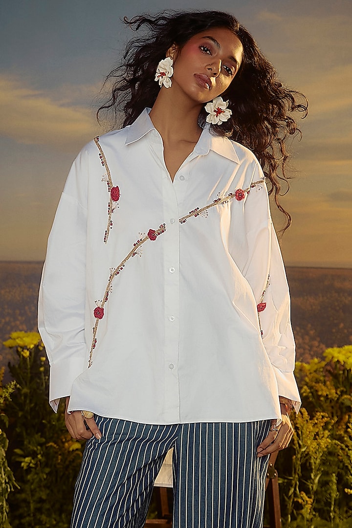 White Cotton Embroidered Shirt by Nirmooha at Pernia's Pop Up Shop