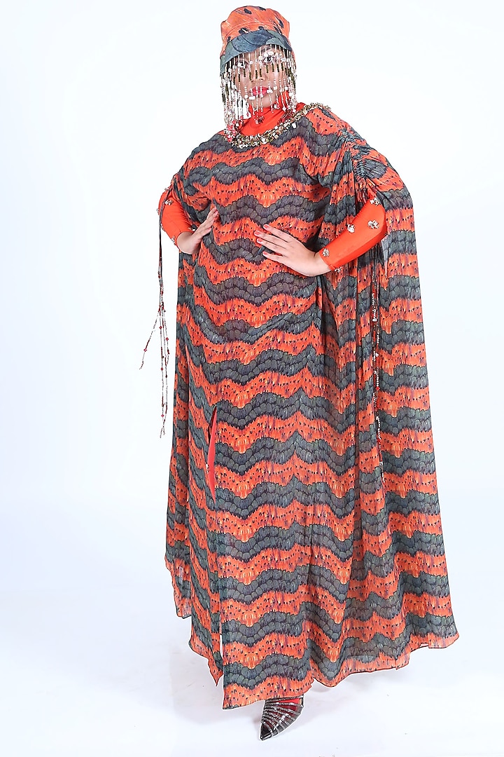 Orange Hand Embroidered & Printed Kaftan by Nirmooha