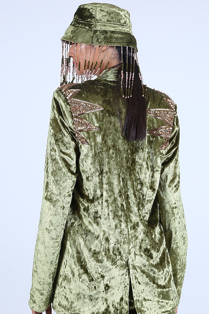 Olive Green Embroidered Jacket by Nirmooha at Pernia's Pop Up Shop