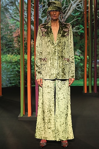 Olive Green Velvet Pants by Nirmooha