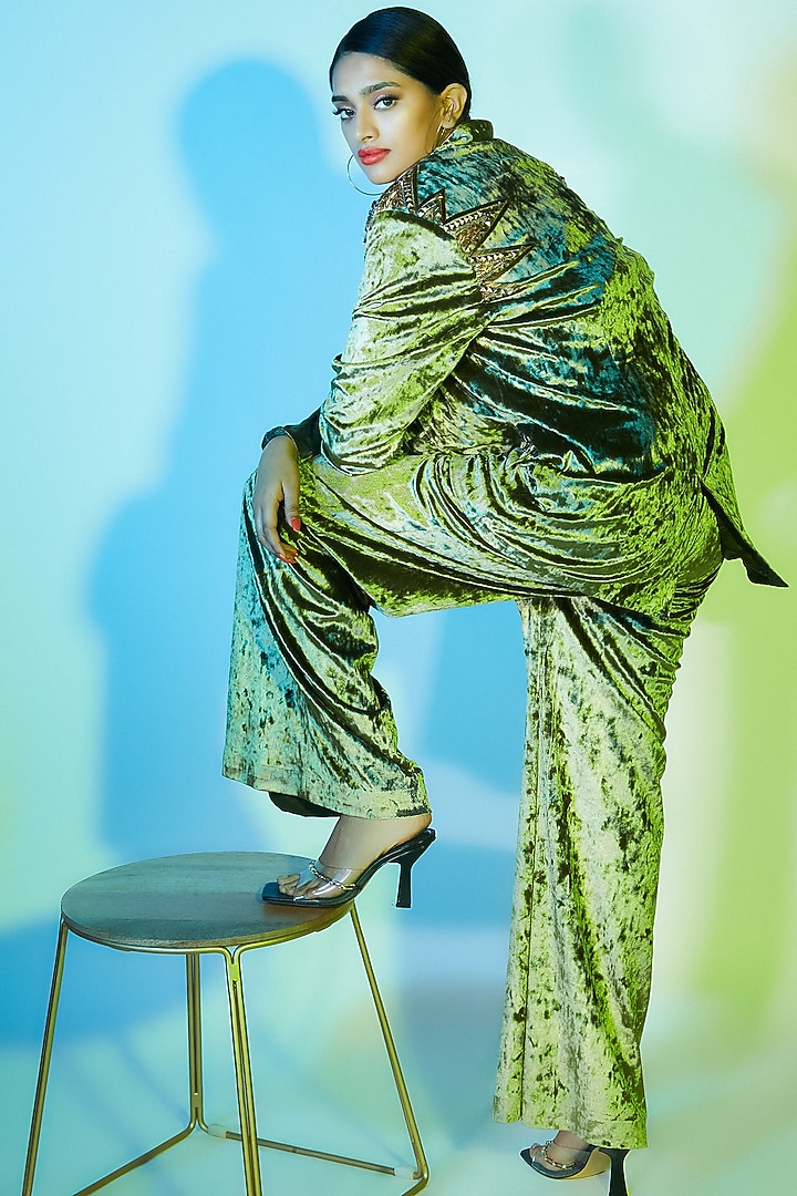 Olive Green Velvet Pants by Nirmooha at Pernia's Pop Up Shop