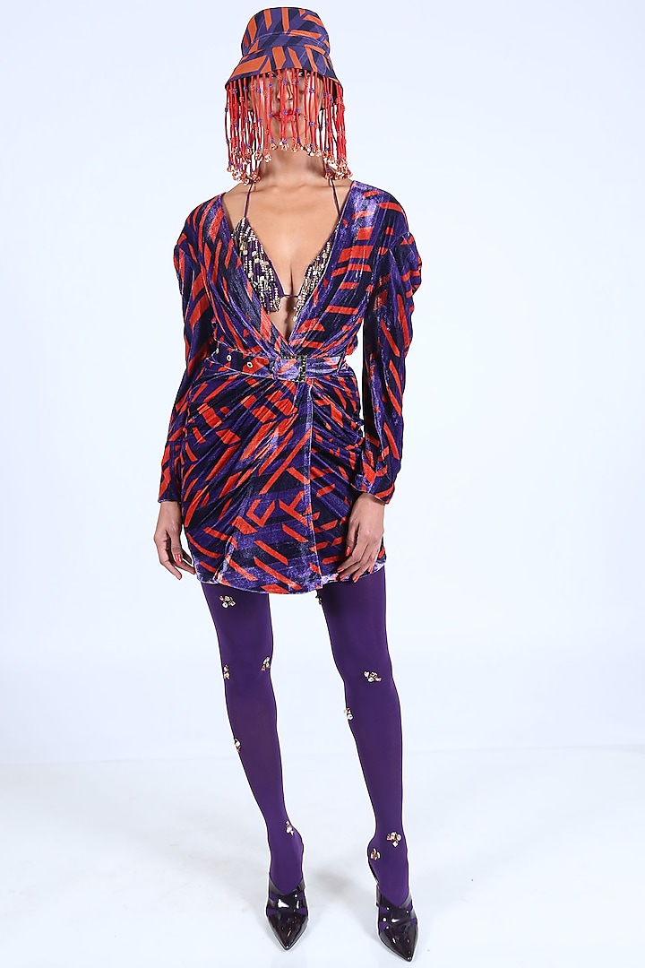 Deep Violet Printed Dress With Belt by Nirmooha