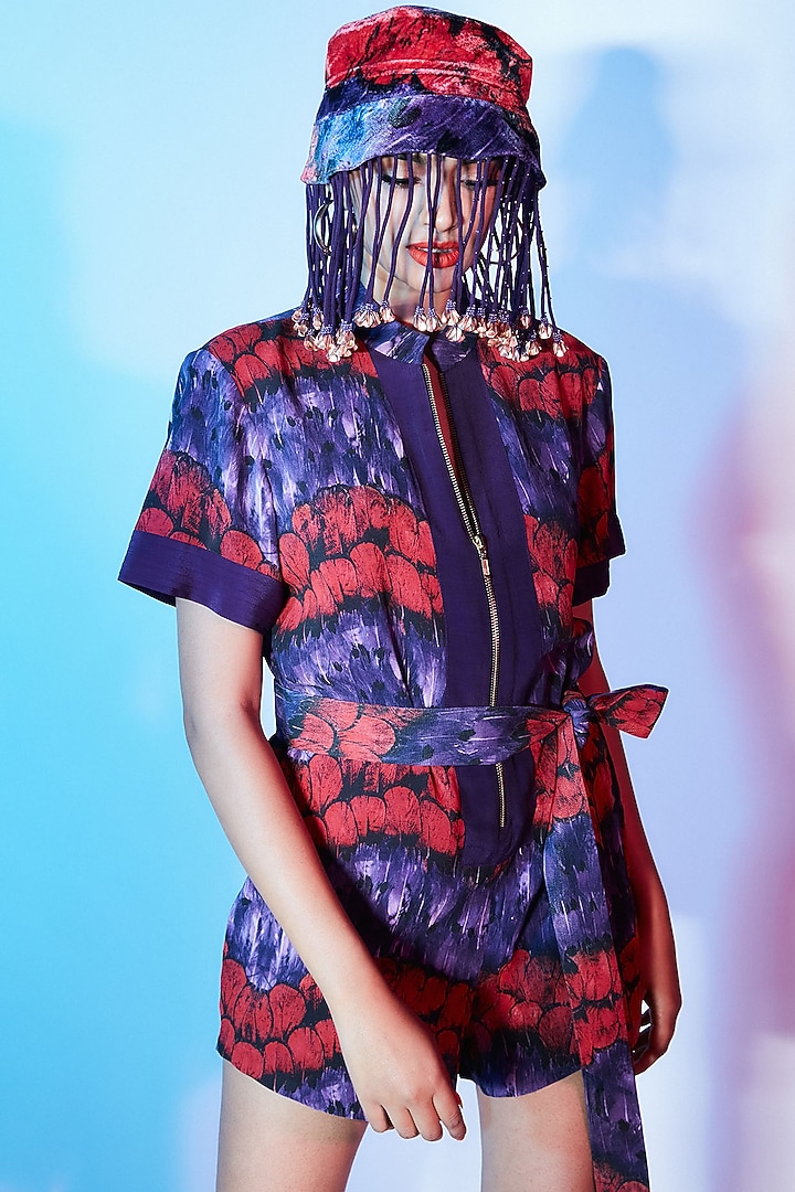 Deep Violet & Burnt Orange Printed Jumpsuit by Nirmooha at Pernia's Pop Up Shop