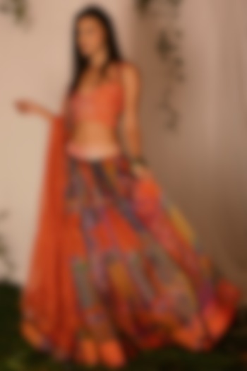 Orange Printed & Embroidered Wedding Lehenga Set by Nirmooha at Pernia's Pop Up Shop