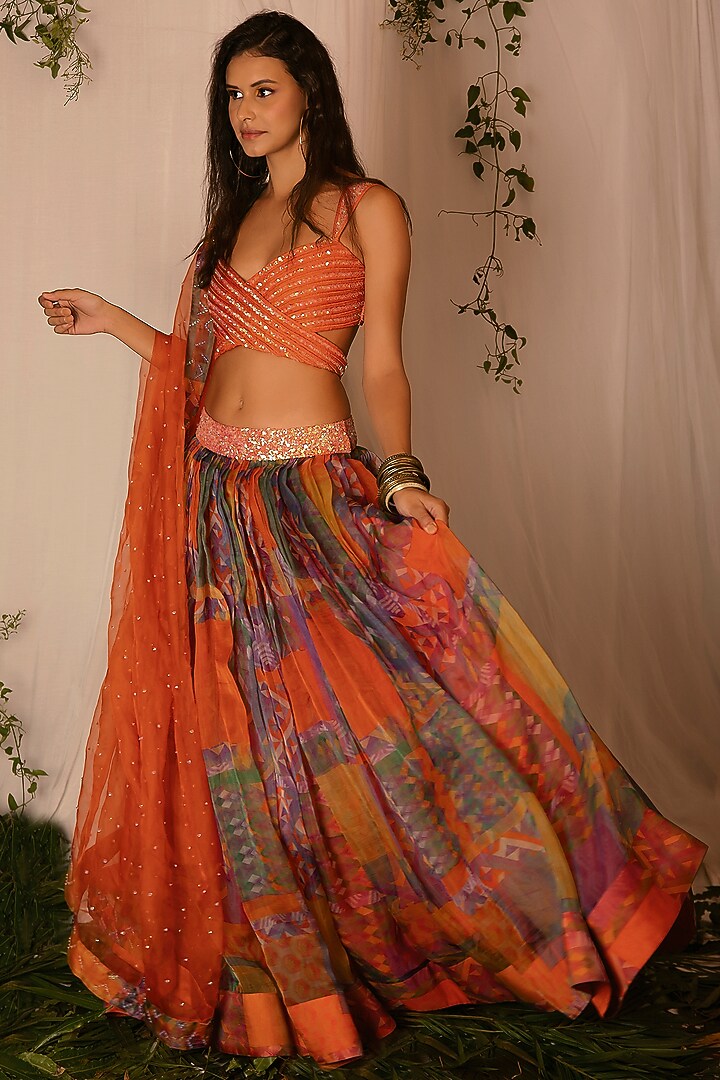 Orange Printed & Embroidered Wedding Lehenga Set by Nirmooha at Pernia's Pop Up Shop