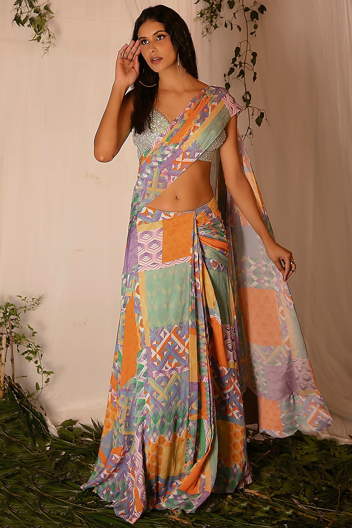 Multi-Colored Printed Draped Saree by Nirmooha