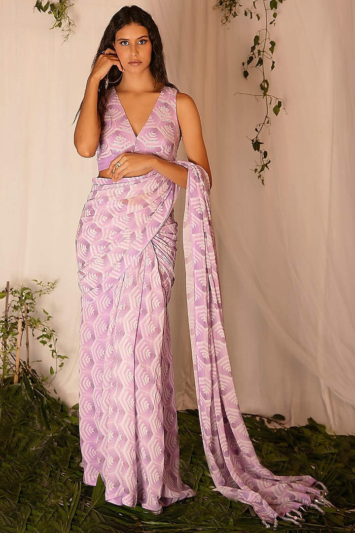 Lilac Sequins-Embroidered Draped Saree by Nirmooha