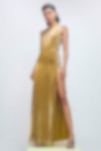 Savannah Yellow Glass Organza Pearl Embroidered Gown by Nirmooha at Pernia's Pop Up Shop