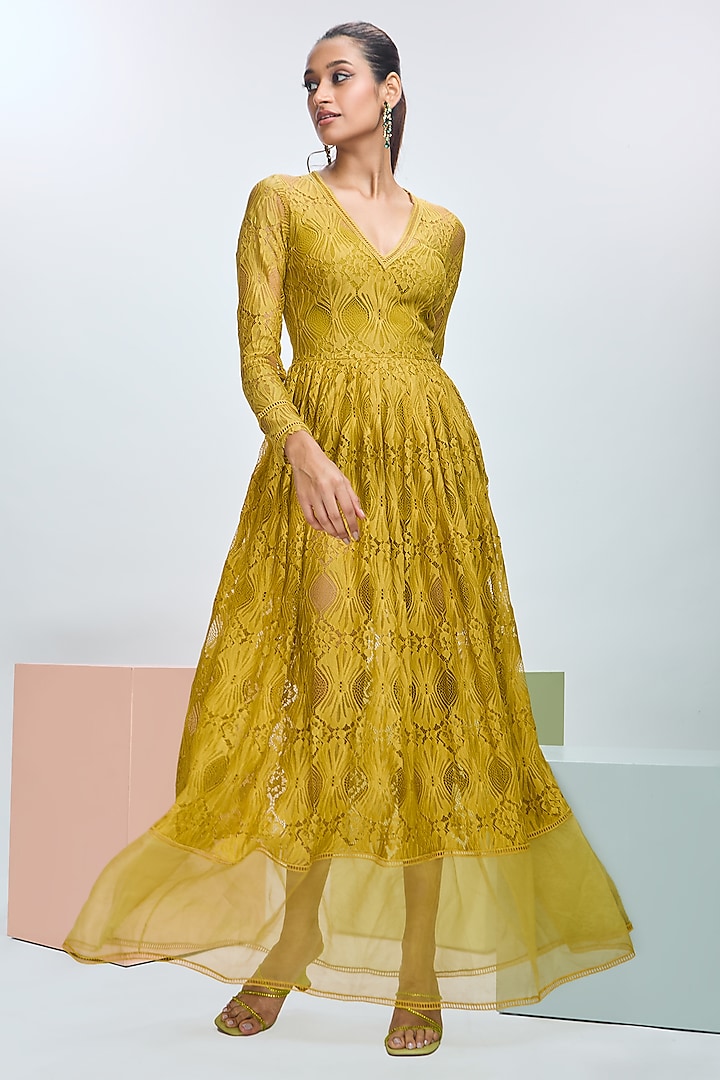 Savannah Yellow Chantilly Lace Maxi Dress by Nirmooha at Pernia's Pop Up Shop