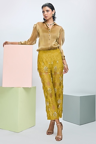 Savannah Yellow Chantilly Lace Embroidered Pant Set by Nirmooha