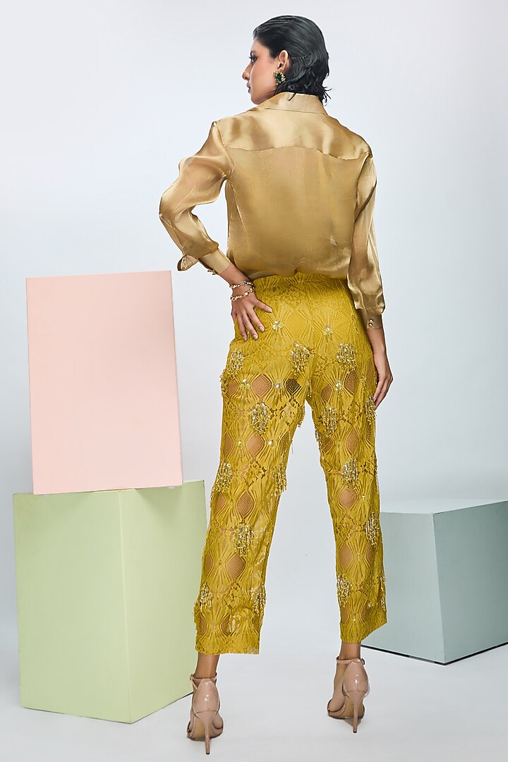 Savannah Yellow Chantilly Lace Embroidered Pant Set by Nirmooha at Pernia's Pop Up Shop