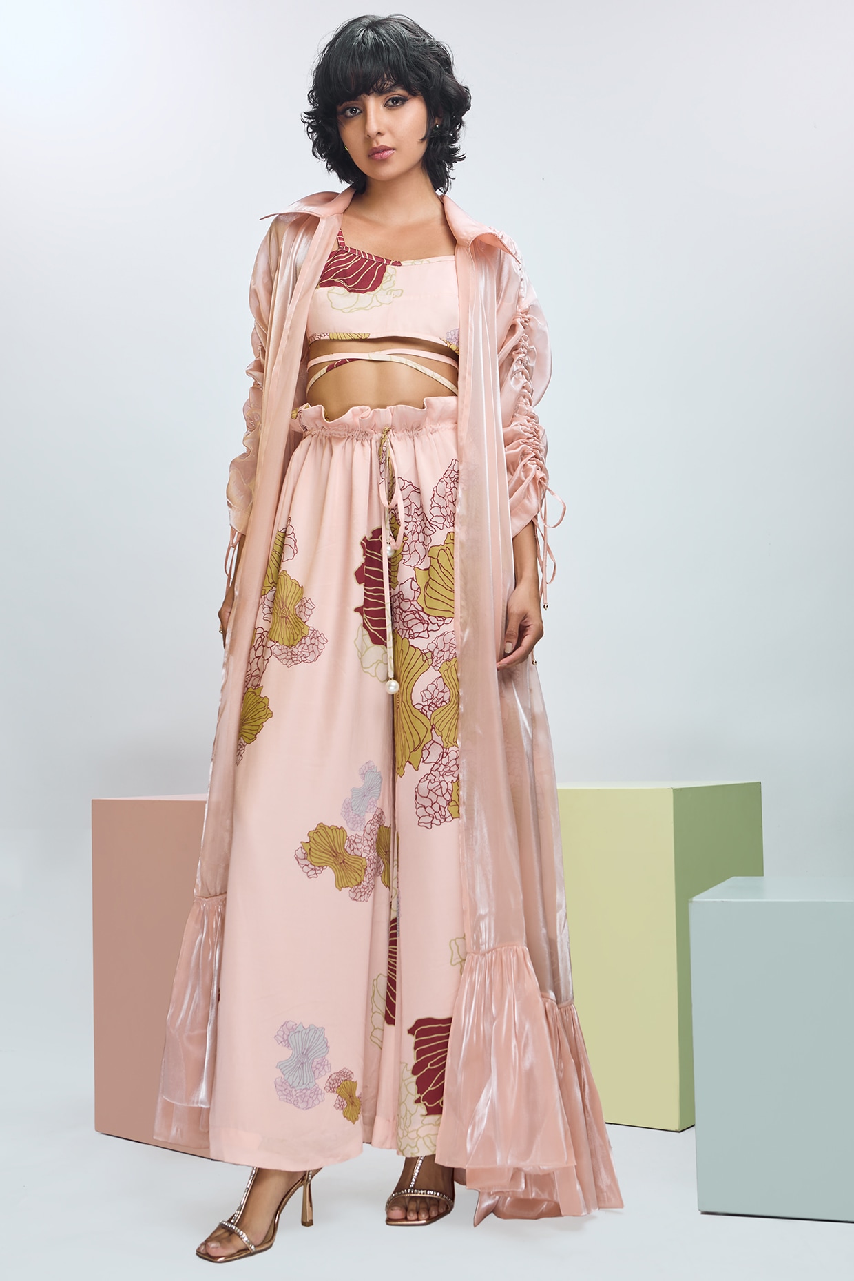 Peach Fuzz Modal Satin Organza Trench Coat Set by Nirmooha at Pernia s Pop Up Shop 2024