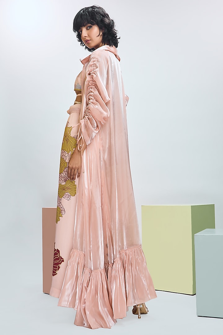 Peach Fuzz Modal Satin Organza Trench Coat Set by Nirmooha at